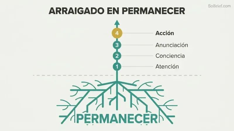 Plant with deep roots labeled Abide growing upward through four ascending stages: Attention, Awareness, Annunciation, and Action.