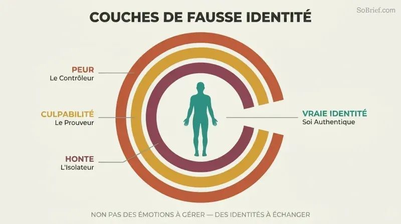 Three concentric C-shaped arcs in warm colors labeled Fear, Guilt, and Shame surround a teal human silhouette, with an opening on the right revealing the true identity at center.