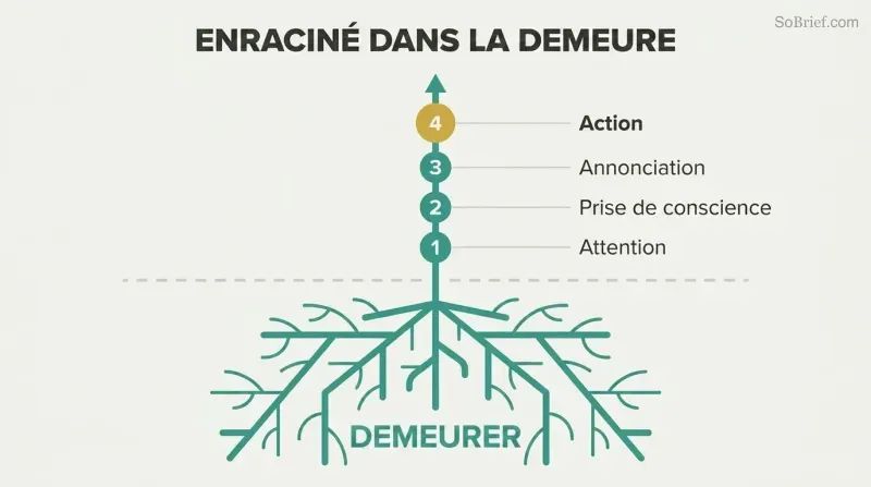 Plant with deep roots labeled Abide growing upward through four ascending stages: Attention, Awareness, Annunciation, and Action.