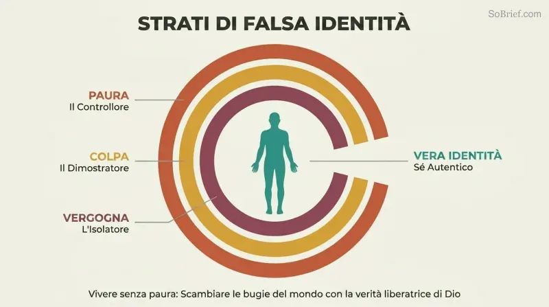 Three concentric C-shaped arcs in warm colors labeled Fear, Guilt, and Shame surround a teal human silhouette, with an opening on the right revealing the true identity at center.