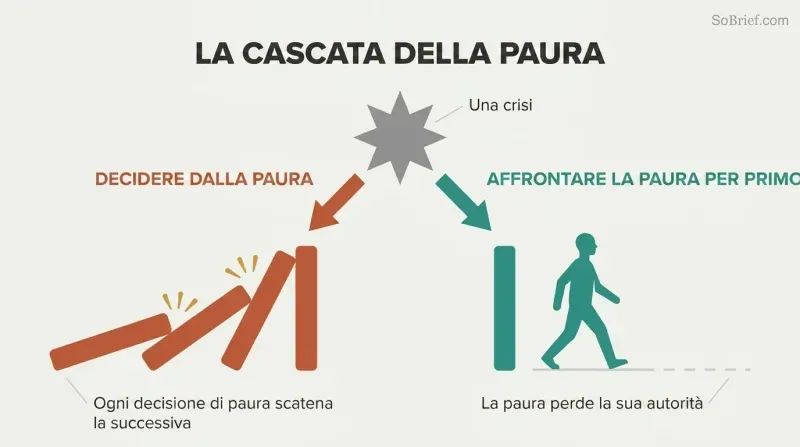 Fork from a single crisis point showing fear-based decisions cascading like falling dominoes on one path while facing fear first leads to a single upright domino and forward freedom on the other.