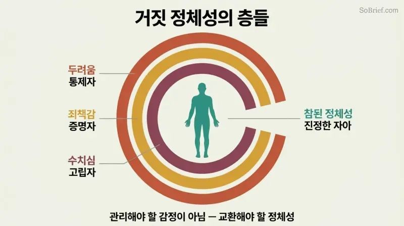 Three concentric C-shaped arcs in warm colors labeled Fear, Guilt, and Shame surround a teal human silhouette, with an opening on the right revealing the true identity at center.