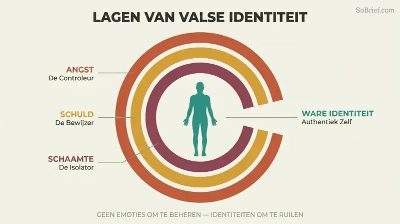 Three concentric C-shaped arcs in warm colors labeled Fear, Guilt, and Shame surround a teal human silhouette, with an opening on the right revealing the true identity at center.