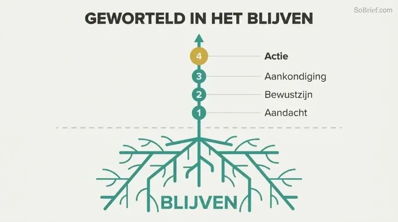 Plant with deep roots labeled Abide growing upward through four ascending stages: Attention, Awareness, Annunciation, and Action.