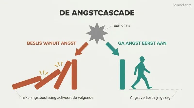 Fork from a single crisis point showing fear-based decisions cascading like falling dominoes on one path while facing fear first leads to a single upright domino and forward freedom on the other.