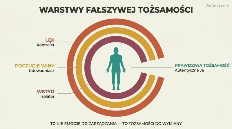 Three concentric C-shaped arcs in warm colors labeled Fear, Guilt, and Shame surround a teal human silhouette, with an opening on the right revealing the true identity at center.