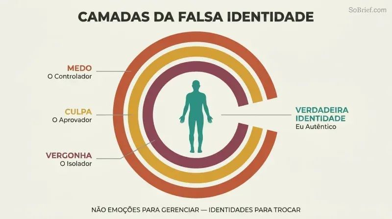 Three concentric C-shaped arcs in warm colors labeled Fear, Guilt, and Shame surround a teal human silhouette, with an opening on the right revealing the true identity at center.