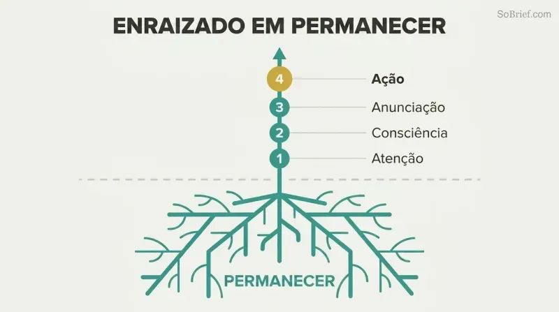 Plant with deep roots labeled Abide growing upward through four ascending stages: Attention, Awareness, Annunciation, and Action.