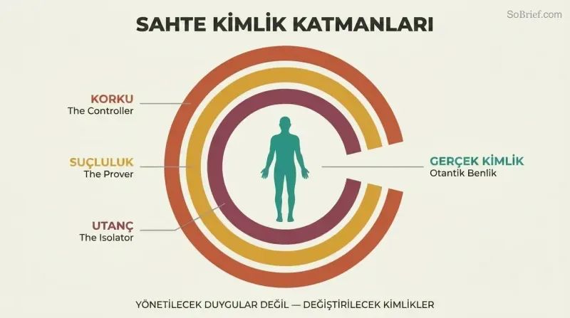 Three concentric C-shaped arcs in warm colors labeled Fear, Guilt, and Shame surround a teal human silhouette, with an opening on the right revealing the true identity at center.