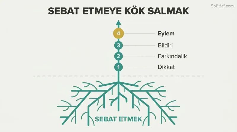 Plant with deep roots labeled Abide growing upward through four ascending stages: Attention, Awareness, Annunciation, and Action.