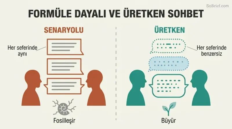 Split panel comparing two silhouette pairs: the left exchanges identical rigid speech bubbles representing scripted language, while the right exchanges varied branching speech bubbles representing creative, living dialogue.