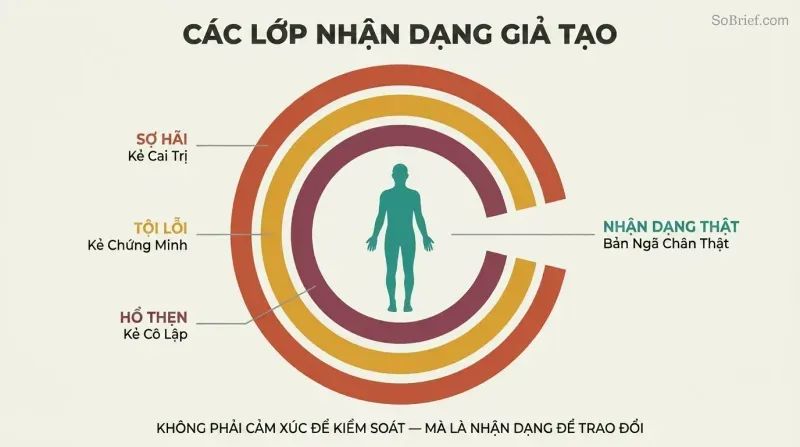 Three concentric C-shaped arcs in warm colors labeled Fear, Guilt, and Shame surround a teal human silhouette, with an opening on the right revealing the true identity at center.