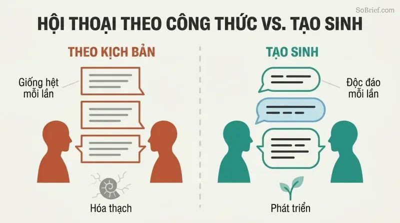 Split panel comparing two silhouette pairs: the left exchanges identical rigid speech bubbles representing scripted language, while the right exchanges varied branching speech bubbles representing creative, living dialogue.