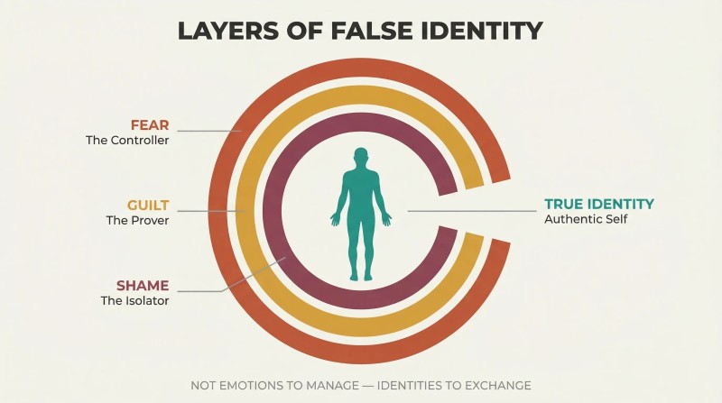 Three concentric C-shaped arcs in warm colors labeled Fear, Guilt, and Shame surround a teal human silhouette, with an opening on the right revealing the true identity at center.