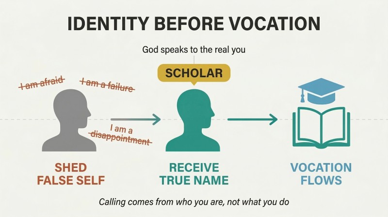 Three-stage horizontal flow showing false identity labels crossed out, true identity received, and vocation emerging naturally from identity.