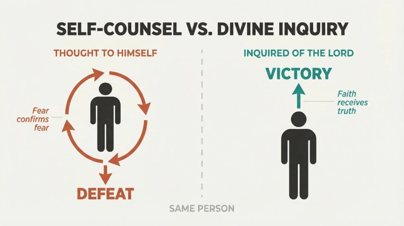 Split panel showing self-counsel as a closed fear loop descending toward defeat on the left, contrasted with divine inquiry as an upward path ascending toward victory on the right.