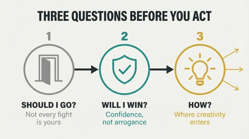 Three sequential stages progressing left to right from a gate icon through a shield to a lightbulb, showing the shift from filtering decisions to creative action.