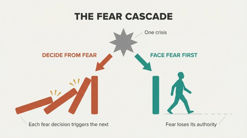 Fork from a single crisis point showing fear-based decisions cascading like falling dominoes on one path while facing fear first leads to a single upright domino and forward freedom on the other.