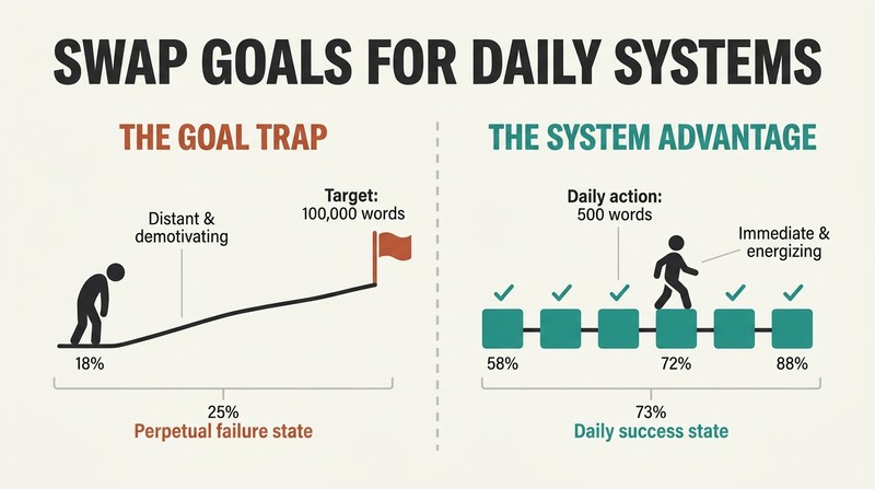 Split panel diagram contrasting a draining goal-based approach with an energizing system-based daily routine.