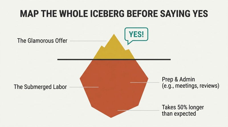 Cross-section diagram of an iceberg with a tiny, gold peak above the waterline representing a glamorous offer, contrasted with a massive, terracotta submerged base representing hidden administrative labor and prep time.
