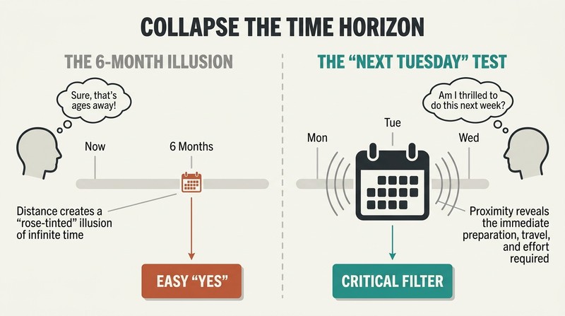 A side-by-side comparison diagram showing how distant commitments look deceptively small and easy, while immediate commitments reveal their true time cost.