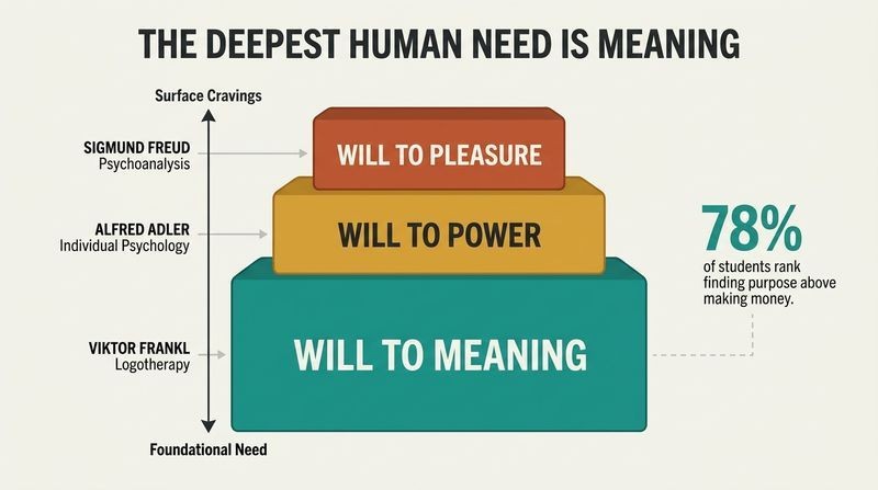 A foundational stack diagram showing the Will to Meaning as the deepest and largest bedrock of human motivation, beneath the Wills to Power and Pleasure.
