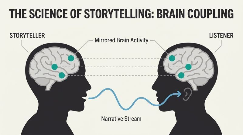 Diagram showing a storyteller and listener with mirrored, synchronized brain regions lighting up in identical patterns as a narrative stream connects them.
