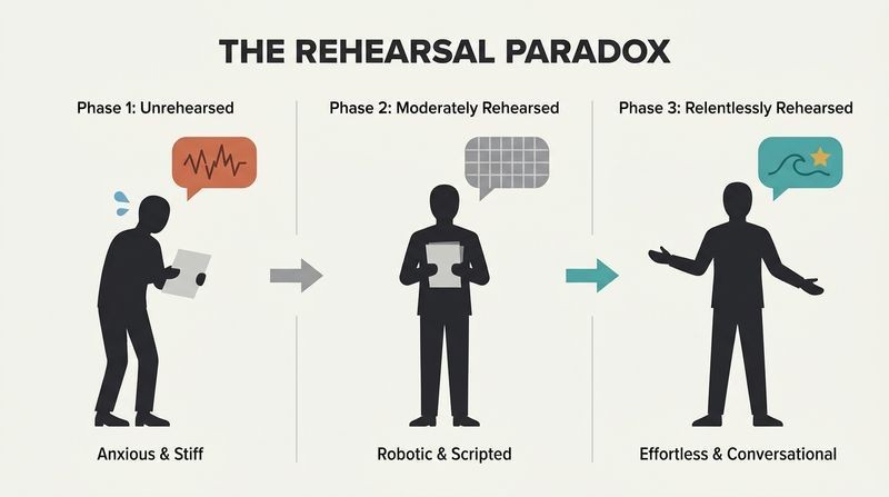 Three-panel diagram showing the stages of rehearsal: Unrehearsed speakers look stiff and anxious; moderately rehearsed speakers sound robotic; relentlessly rehearsed speakers sound conversational and natural.