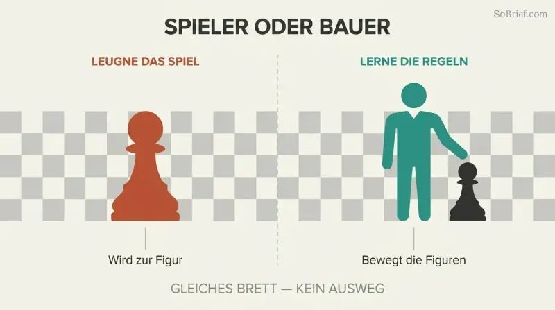 Chessboard split into two sides contrasting a passive chess pawn with an active human figure moving pieces.