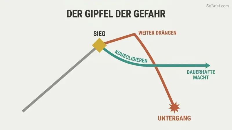 A rising trajectory reaches a peak labeled Victory, where two paths diverge: one climbs briefly then crashes down to Downfall, while the other levels into a stable plateau of Lasting Power.
