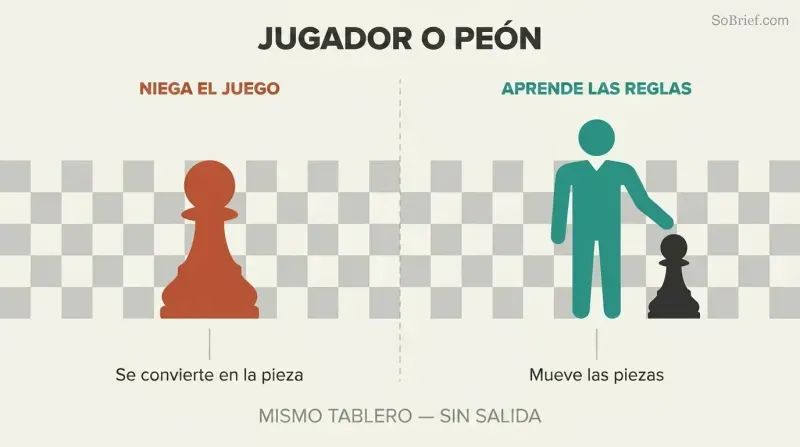 Chessboard split into two sides contrasting a passive chess pawn with an active human figure moving pieces.
