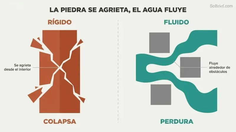 Split panel contrasting a cracking rigid pillar that self-destructs on the left with a fluid teal stream flowing smoothly around obstacles on the right.