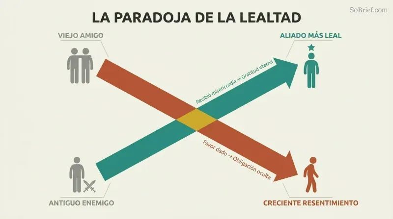 Two crossing diagonal arrows form an X, showing a former enemy ascending to become the most loyal ally while an old friend descends into growing resentment.