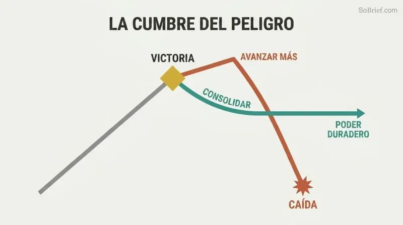 A rising trajectory reaches a peak labeled Victory, where two paths diverge: one climbs briefly then crashes down to Downfall, while the other levels into a stable plateau of Lasting Power.