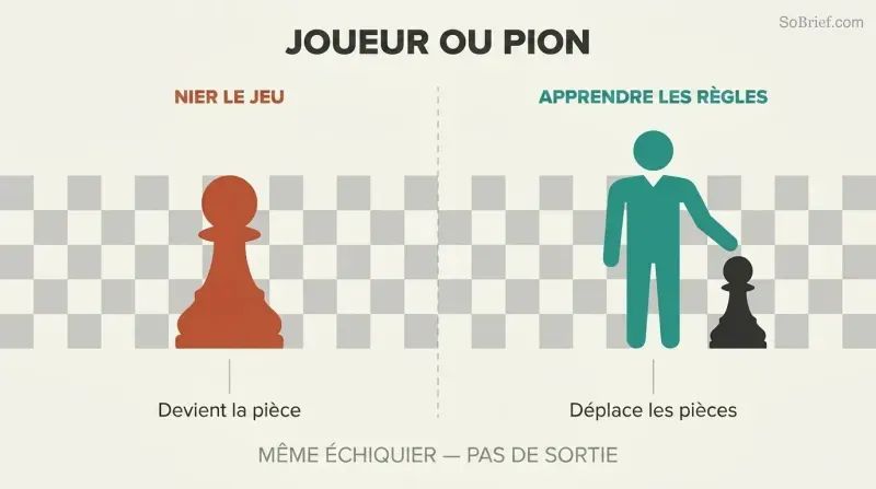 Chessboard split into two sides contrasting a passive chess pawn with an active human figure moving pieces.