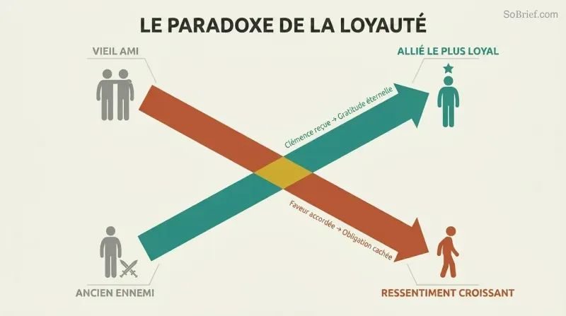 Two crossing diagonal arrows form an X, showing a former enemy ascending to become the most loyal ally while an old friend descends into growing resentment.