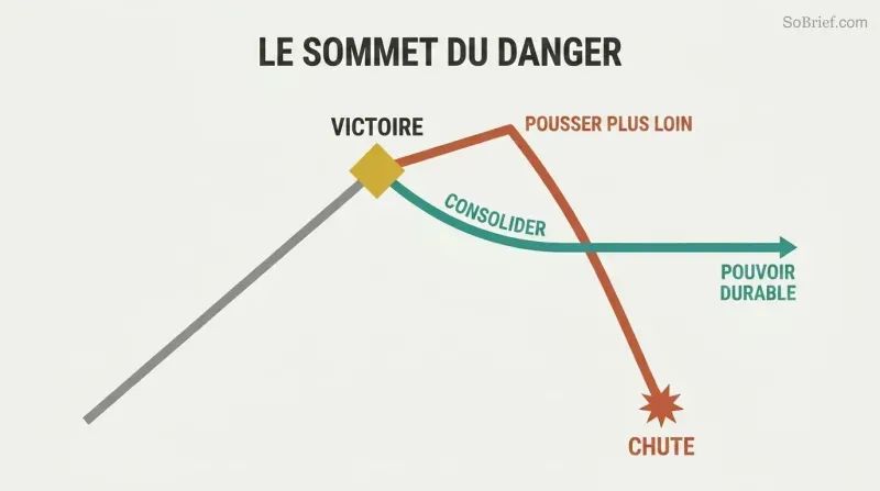 A rising trajectory reaches a peak labeled Victory, where two paths diverge: one climbs briefly then crashes down to Downfall, while the other levels into a stable plateau of Lasting Power.
