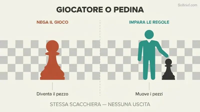 Chessboard split into two sides contrasting a passive chess pawn with an active human figure moving pieces.