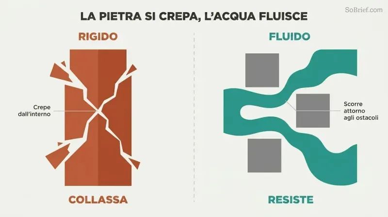 Split panel contrasting a cracking rigid pillar that self-destructs on the left with a fluid teal stream flowing smoothly around obstacles on the right.