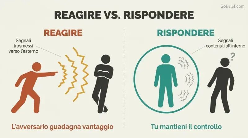 Split panel contrasting emotional outbursts that broadcast vulnerability signals to opponents with composed responses that contain emotions and preserve strategic control.
