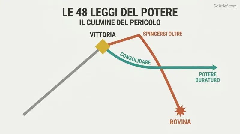 A rising trajectory reaches a peak labeled Victory, where two paths diverge: one climbs briefly then crashes down to Downfall, while the other levels into a stable plateau of Lasting Power.