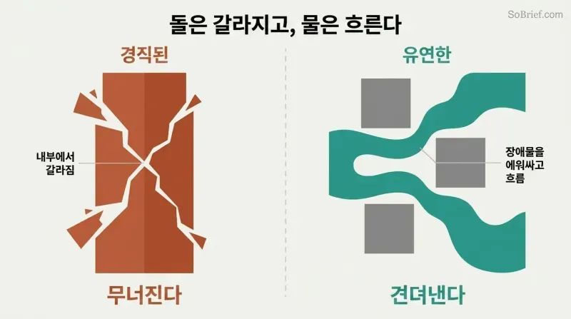 Split panel contrasting a cracking rigid pillar that self-destructs on the left with a fluid teal stream flowing smoothly around obstacles on the right.