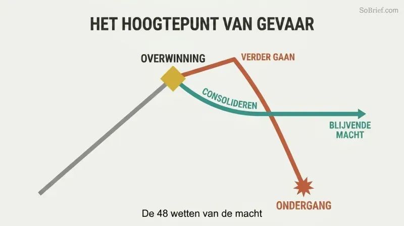 A rising trajectory reaches a peak labeled Victory, where two paths diverge: one climbs briefly then crashes down to Downfall, while the other levels into a stable plateau of Lasting Power.