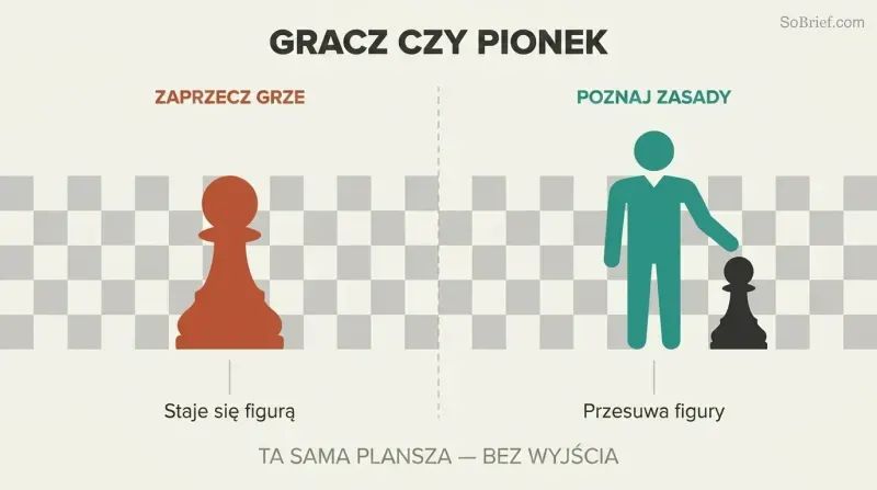 Chessboard split into two sides contrasting a passive chess pawn with an active human figure moving pieces.