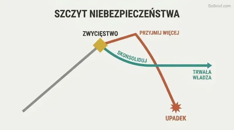 A rising trajectory reaches a peak labeled Victory, where two paths diverge: one climbs briefly then crashes down to Downfall, while the other levels into a stable plateau of Lasting Power.
