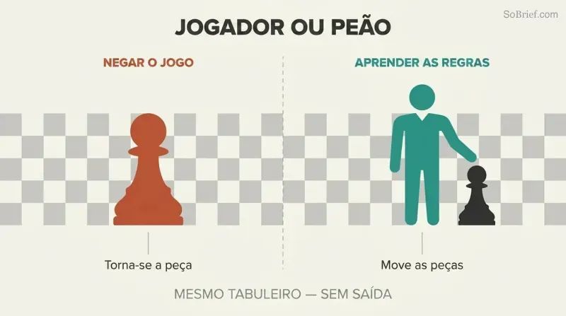 Chessboard split into two sides contrasting a passive chess pawn with an active human figure moving pieces.