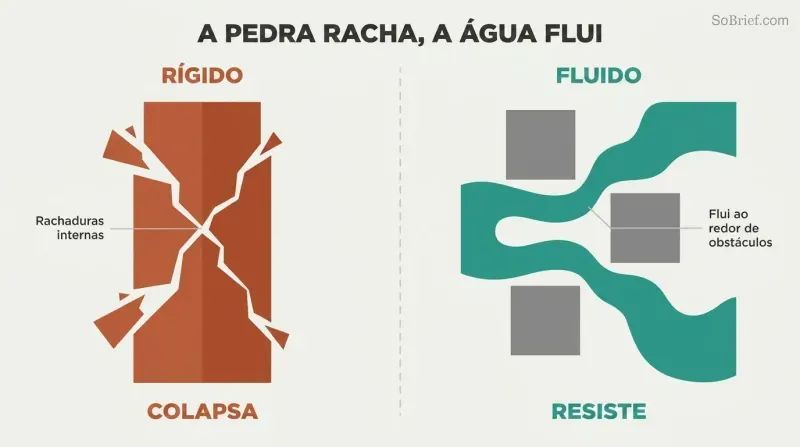 Split panel contrasting a cracking rigid pillar that self-destructs on the left with a fluid teal stream flowing smoothly around obstacles on the right.