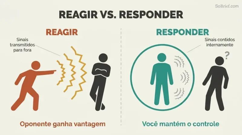 Split panel contrasting emotional outbursts that broadcast vulnerability signals to opponents with composed responses that contain emotions and preserve strategic control.
