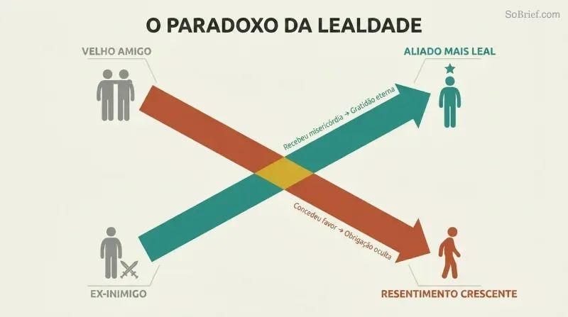 Two crossing diagonal arrows form an X, showing a former enemy ascending to become the most loyal ally while an old friend descends into growing resentment.
