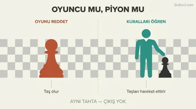 Chessboard split into two sides contrasting a passive chess pawn with an active human figure moving pieces.